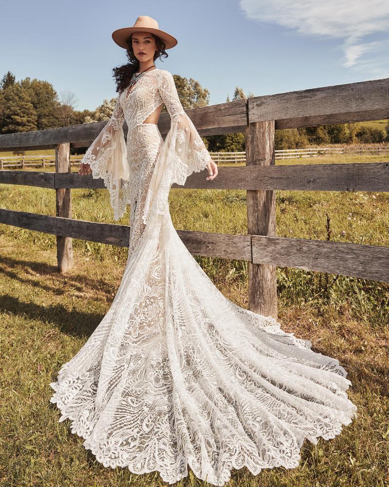Lp2101 rustic boho wedding dress with bell sleeves and high neckline6
